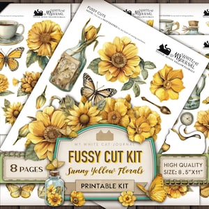 Puede incluir: Un kit de corte fussy imprimible con ilustraciones florales de color amarillo soleado. El kit incluye 97 piezas y 8 páginas de diseños imprimibles. El kit mide 8,5 pulgadas por 11 pulgadas y 300 DPI.
