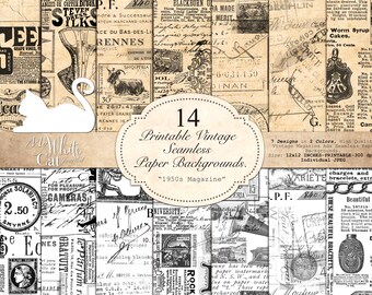 Junk Journal, Seamless Pattern, Vintage, Ephemera, Collage Paper, Monochrome, Printable, Texture, Background, Scrapbook, Digital Download