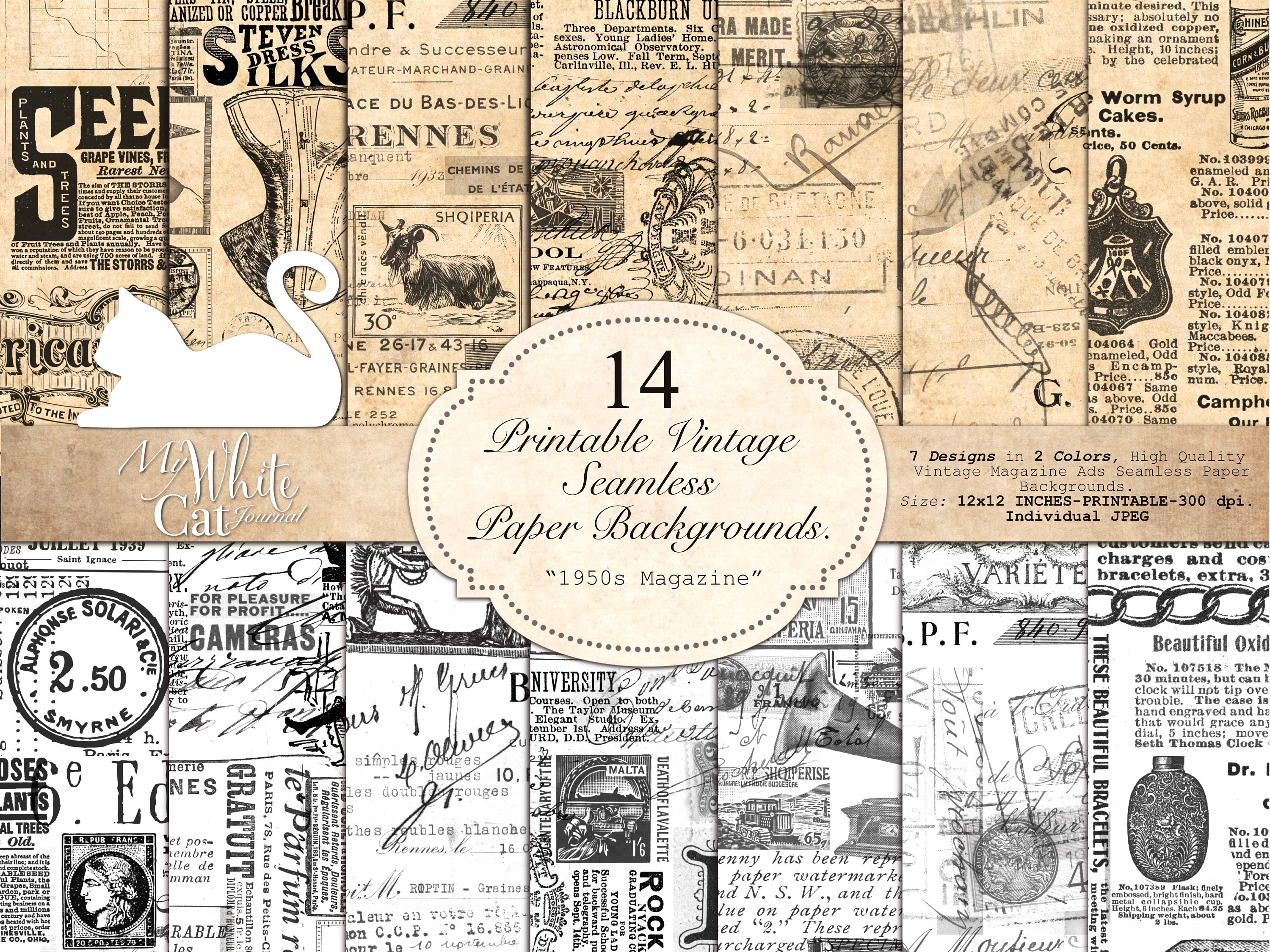 Junk Journal, Seamless Pattern, Vintage, Ephemera, Collage