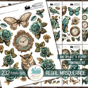 May include: A printable digital paper pack with 232 fussy cuts featuring a regal masquerade theme. The pack includes images of owls, butterflies, roses, clocks, and a parrot. The text "Whitecat My Journal" and "Little Regal Masquerade" are included in the design. The pack is 8.5 inches by 11 inches and 300 DPI.