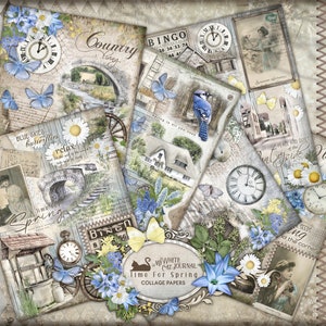 Carnet de bord, Le temps du printemps, Bleu français, Papier pour collage, Imprimable, Papiers décoratifs, Scrapbooking, Paquet de papier, Téléchargement numérique