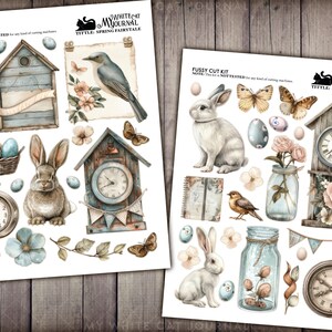May include: A set of digital scrapbook paper featuring a whimsical spring theme. The paper includes images of a birdhouse, a clock, a bunny, a bird, and flowers. The paper is perfect for creating cards, scrapbook pages, and other paper crafts.