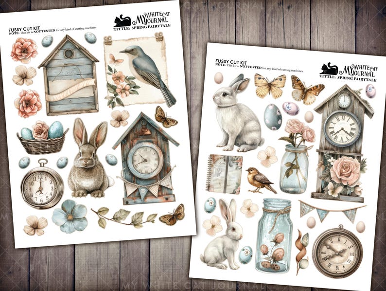 May include: A set of digital scrapbook paper featuring a whimsical spring theme. The paper includes images of a birdhouse, a clock, a bunny, a bird, and flowers. The paper is perfect for creating cards, scrapbook pages, and other paper crafts.