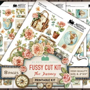 Può includere: Un kit di scrapbooking digitale stampabile con 107 pezzi, 8 pagine e una risoluzione di 300 DPI. Il kit presenta un tema di viaggio fantasioso con immagini di rose, una bussola, un globo terrestre, una valigia, una macchina fotografica, una barca a vela e un gatto. Il kit è intitolato "My White Cat Journal Fussy Cut Kit The Journey".
