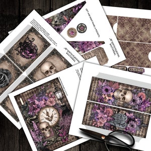 May include: A set of printable digital papers featuring a gothic theme with skulls, flowers, and a clock. The papers are designed for use in scrapbooking, card making, and other paper crafts. The papers are in a dark color scheme with purple, black, and white accents.