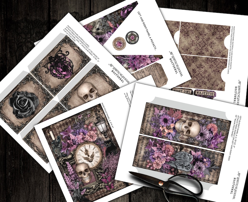 May include: A set of printable digital papers featuring a gothic theme with skulls, flowers, and a clock. The papers are designed for use in scrapbooking, card making, and other paper crafts. The papers are in a dark color scheme with purple, black, and white accents.