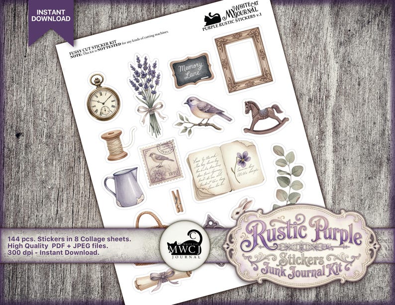 Purple Junk Journal Stickers | Printable Vintage Ephemera Kit | Collage ...