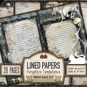 Junk Journal Papers, Lined Pages, Forgotten Tombstones, Printable, Spooky, Blank Paper, Monochromatic, Scrapbook, Digital Download