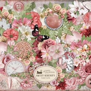 Sweet Serenity Junk Journal Stickers | Printable Vintage Ephemera | Pink Floral Scrapbook Kit