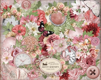 Sweet Serenity Junk Journal Stickers | Printable Vintage Ephemera | Pink Floral Scrapbook Kit