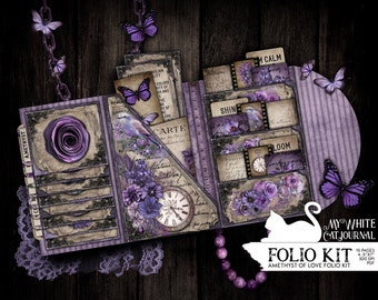 Junk Journal, Lila, Folio, Faltfolio, Trifold, Ephemera, Amethyst, Bastelset, druckbar, Collageblätter, Scrapbook, Digitaler Download