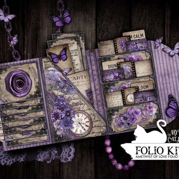 Junk Journal, Lila, Folio, Faltfolio, Trifold, Ephemera, Amethyst, Bastelset, druckbar, Collageblätter, Scrapbook, Digitaler Download