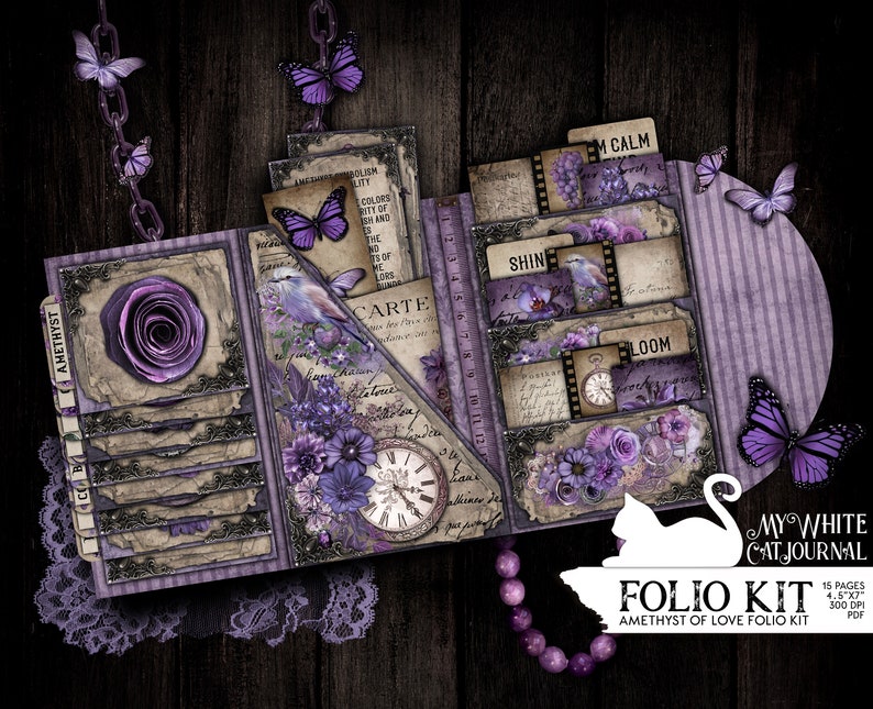 Junk Journal, Purple, Folio, Folding Folio, Trifold, Ephemera, Amethyst, Craft Kit, Printable, Collage Sheets, Scrapbook, Digital Download image 1