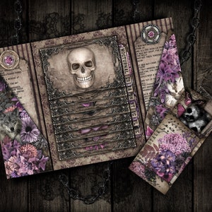 May include: A vintage-style scrapbook with a skull and floral design. The cover features a skull with a silver frame and a quote about the night. The scrapbook is decorated with purple flowers and a wolf.