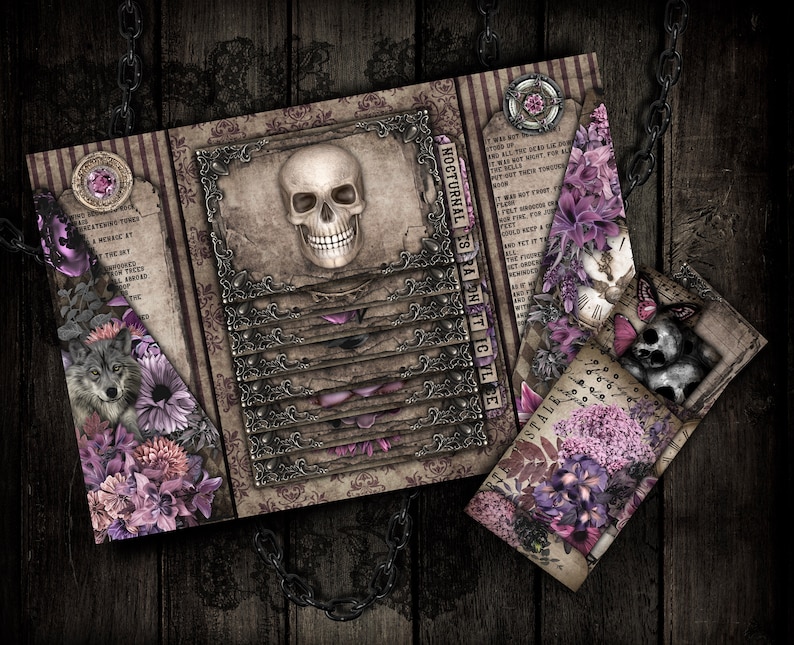 May include: A vintage-style scrapbook with a skull and floral design. The cover features a skull with a silver frame and a quote about the night. The scrapbook is decorated with purple flowers and a wolf.
