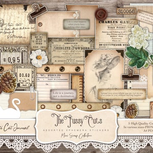 Junkjournaal, kieskeurige sneden, assorti, kortstondige schroot, afdrukbaar, meetlint, stempel, kaart, collagevellen, plakboek, digitale download