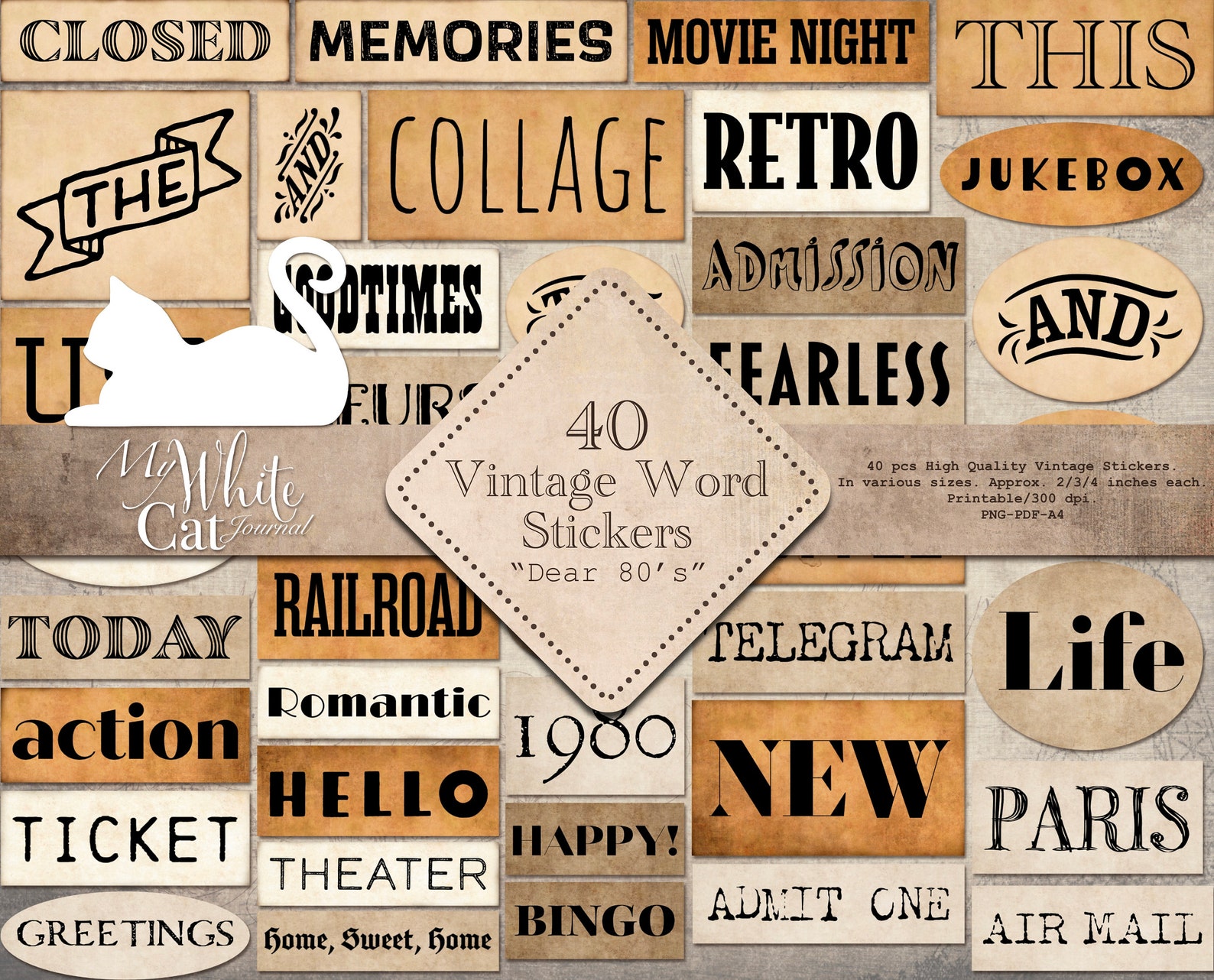 Printable Word Stickers Vintage Old Paper Collage Sheets | Etsy