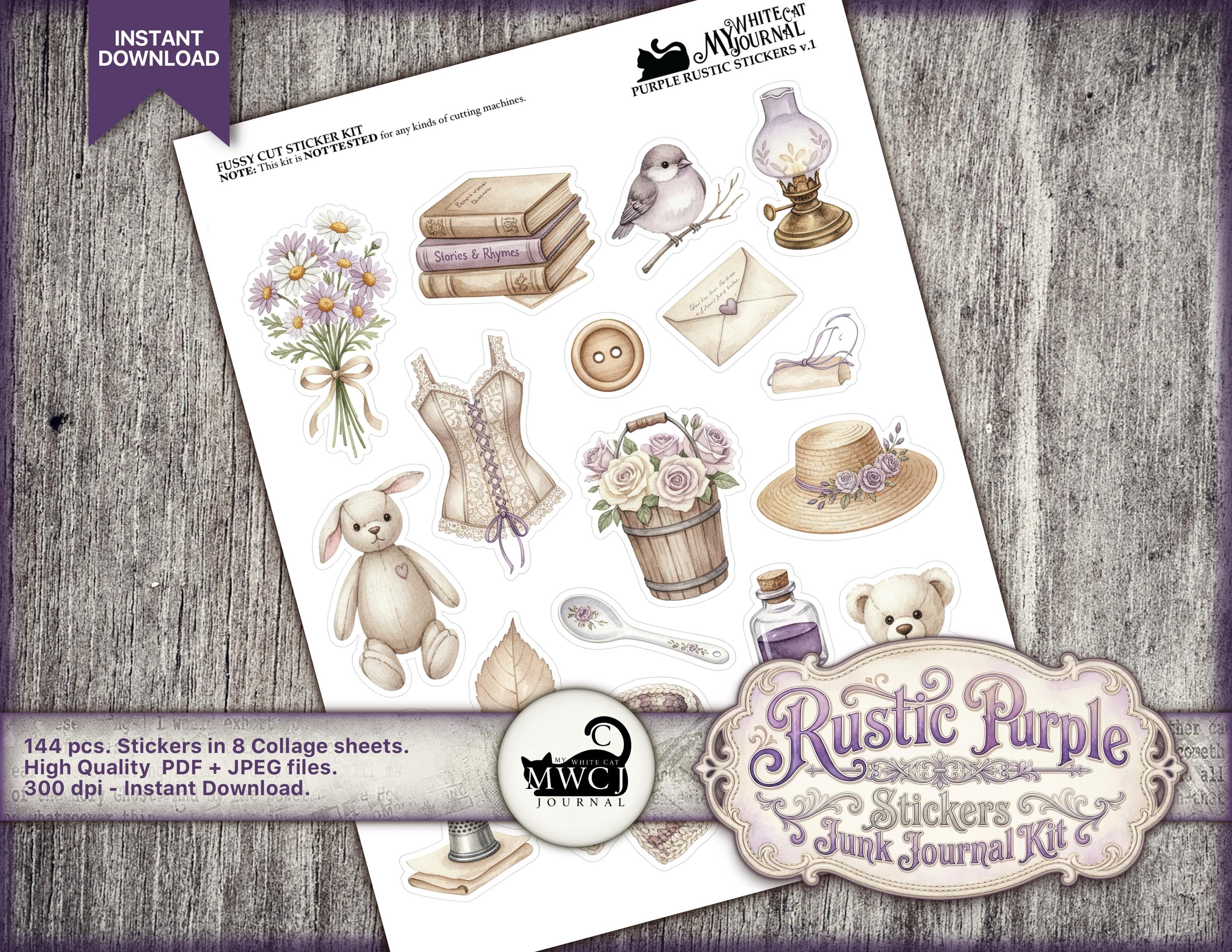 Purple Junk Journal Stickers | Printable Vintage Ephemera Kit | Collage ...