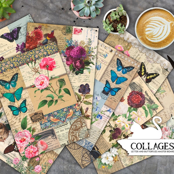 Junk Journal Papers, Collage Paper, Ephemera, Floral, Butterfly, Scrap, Shabby, Paper Pack, Printable, Scrapbook, Digital Download