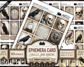 Junk Journal, Skulls And Ravens, Gothic, Ephemera Card, Printable, Grunge, Card, Embellishments, Collage Sheets, Scrapbook, Digital Download