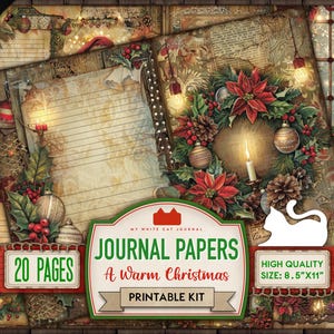20 Printable Junk Journal Papers, A Warm Christmas, Horizontal Pages, Xmas Paper Pack, Journaling Paper, Scrapbook, Digital Download