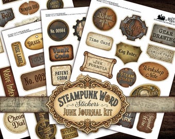 Könnte beinhalten: Eine Sammlung von Aufklebern im Steampunk-Stil für Junk-Journals. Die Aufkleber zeigen verschiedene Etiketten und Designs, darunter "Steam Piston", "Gear Drawing" und "Ink Formula". Die Farbpalette umfasst Braun-, Beige- und Sepiatöne mit einer Vintage-Ästhetik.