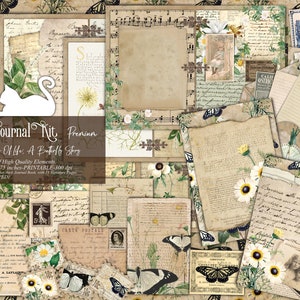 Junk Journal Kit, White Floral, Butterfly, Vintage, Ephemera, Collage Sheets, Craft Kit, Printable, Scrapbook, Paper, Digital Download