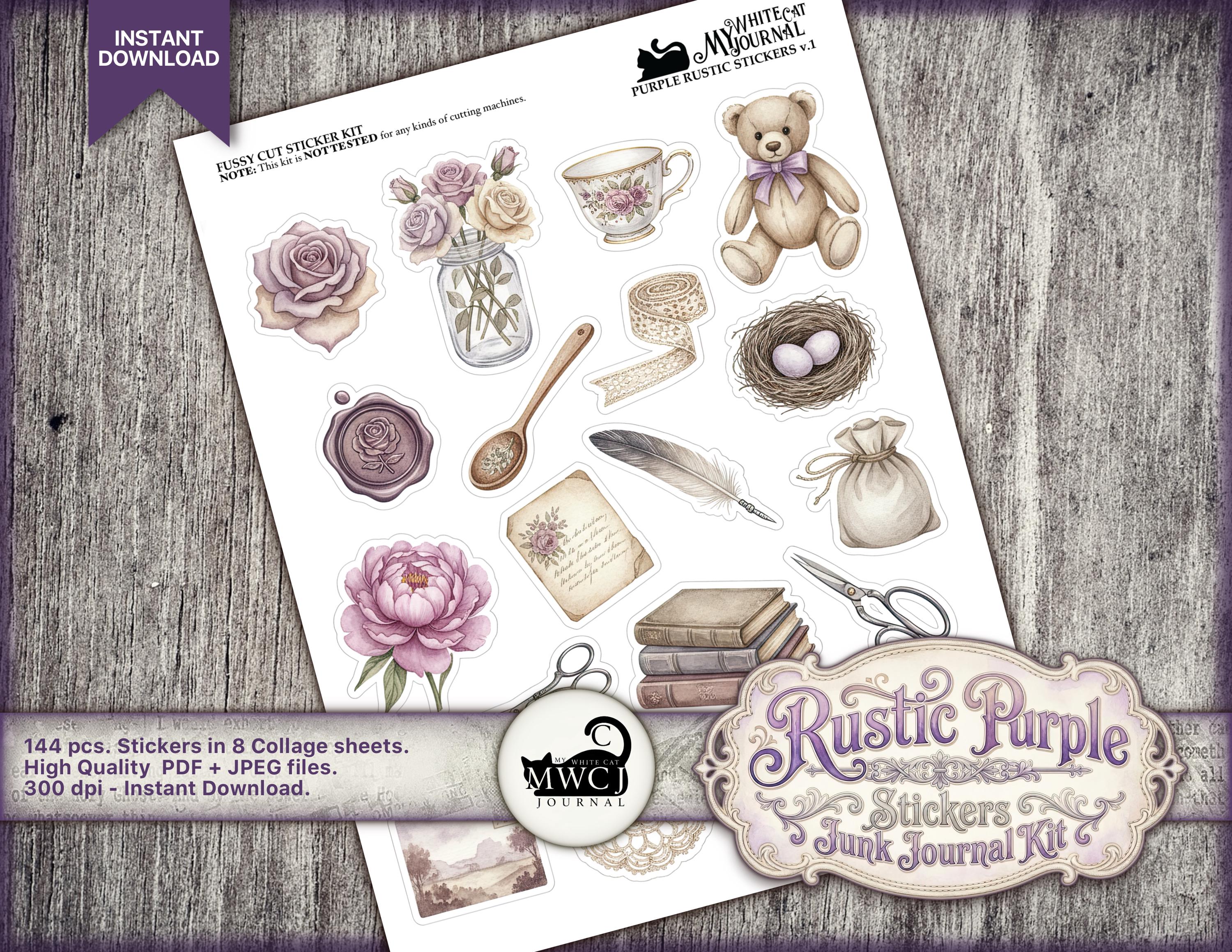 Purple Junk Journal Stickers | Printable Vintage Ephemera Kit | Collage ...
