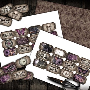 K&ouml;nnte beinhalten: Ein Satz druckbarer Vintage-Tickets mit einem gruseligen Halloween-Thema. Die Tickets zeigen Bilder von Sch&auml;deln, Schmetterlingen, Uhren und Blumen in Violett- und Schwarzt&ouml;nen. Der Text auf den Tickets lautet "Admit One", "Ticket", "Circus Show", "London Station" und "Ticket Express".