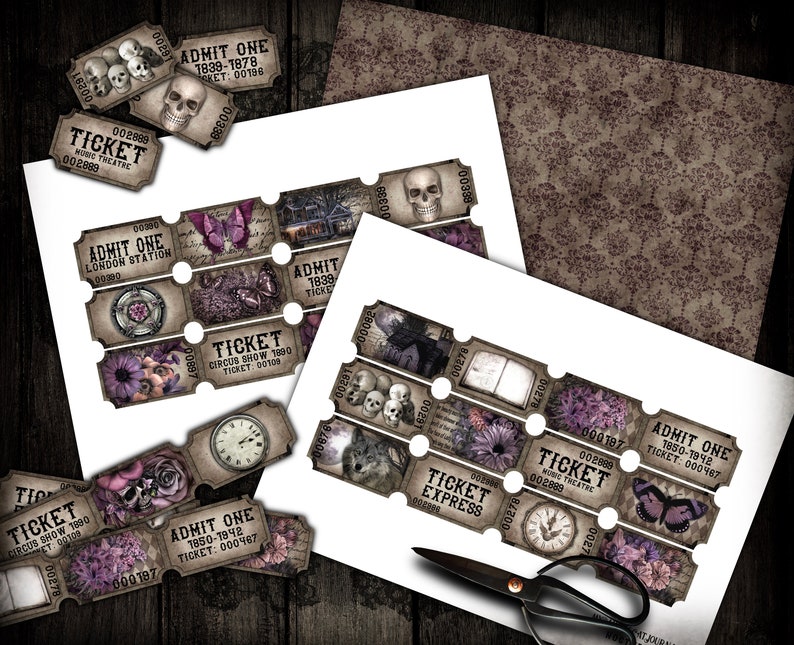 K&ouml;nnte beinhalten: Ein Satz druckbarer Vintage-Tickets mit einem gruseligen Halloween-Thema. Die Tickets zeigen Bilder von Sch&auml;deln, Schmetterlingen, Uhren und Blumen in Violett- und Schwarzt&ouml;nen. Der Text auf den Tickets lautet "Admit One", "Ticket", "Circus Show", "London Station" und "Ticket Express".
