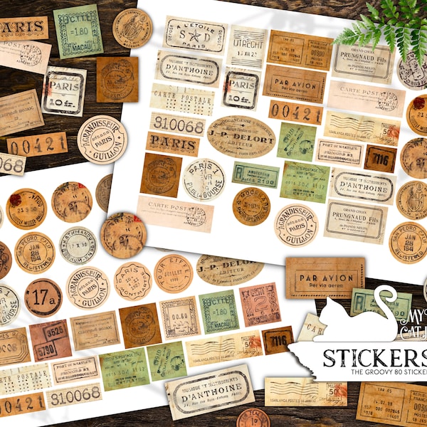 Junk Journal, briefkaartstempel, labelsticker, vintage, ephemera, afdrukbaar, collagebladen, versieringen, plakboek, digitale download
