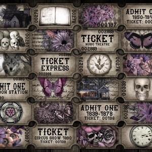 K&ouml;nnte beinhalten: Eine Sammlung von Tickets im Vintage-Stil mit verschiedenen Themen, darunter ein Musiktheater, eine Zirkusshow, ein Zug und ein Londoner Bahnhof. Die Tickets sind mit Totenk&ouml;pfen, Schmetterlingen, Blumen und Uhren verziert, alles in Violett- und Schwarzt&ouml;nen.