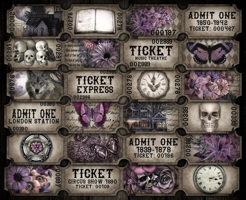 K&ouml;nnte beinhalten: Eine Sammlung von Tickets im Vintage-Stil mit verschiedenen Themen, darunter ein Musiktheater, eine Zirkusshow, ein Zug und ein Londoner Bahnhof. Die Tickets sind mit Totenk&ouml;pfen, Schmetterlingen, Blumen und Uhren verziert, alles in Violett- und Schwarzt&ouml;nen.
