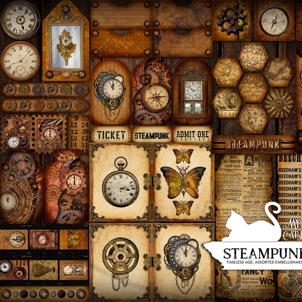 Junk Journal, Steampunk, Assorted Ephemera, Printable, Collage Sheets, Embellishments, Card, Paper, Sticker, Scrapbook, Digital Download