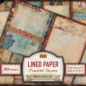 May include: Printable kit of 20 lined paper pages with a Japanese theme. The pages are 8.5 inches by 11 inches and have a 300 DPI resolution. The pages feature a vintage aesthetic with faded colors and a distressed look.