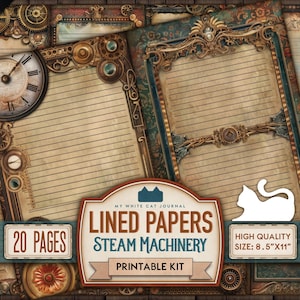 Steampunk Junk Journal, Lined Paper, Steam Machinery, Rusty, Gears, Printable, Horizontal Pages, Scrapbook, Digital Download