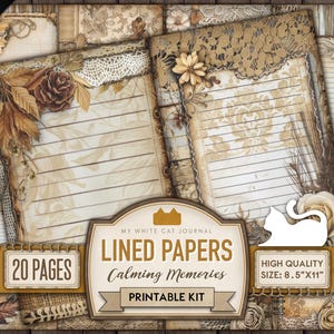 Junk Journal, Lined Paper, Rustic, Journaling Papers, Printable, Signature Pages, Neutral Brown, Burlap, Lace, Scrapbook, Digital Download