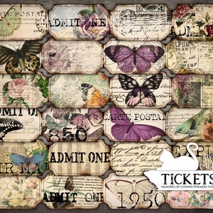 Junk Journal, Printable Ticket, Flower, Floral, Butterfly, Tickets, Vintage, Ephemera, Card, Collage Sheets, Scrapbook, Digital Download