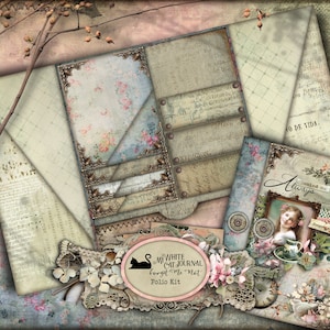 Junk Journal, Printable, Victorian, Folio Kit, Folding Folio, Loaded Folder, Craft Kit, Shabby, Neutral, Scrapbook, Digital Download