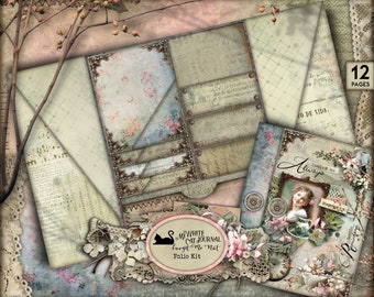 Junk Journal, Printable, Victorian, Folio Kit, Folding Folio, Loaded Folder, Craft Kit, Shabby, Neutral, Scrapbook, Digital Download