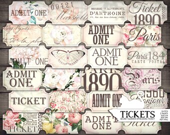 Junk Journal, Pink Floral Ticket, Shabby Chic, Faux Tickets, Printable, Vintage, Ephemera, Embellishments, Scrapbook, Digital Download