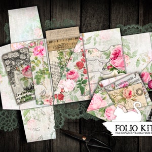 Junk Journal, Folding Folio, Floral, Collage Sheets, Ephemera, Loaded Folder, Trifold, Craft Kit, Printable, Scrapbook, Digital Download