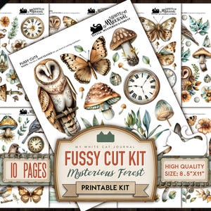 Mysterious Forest, Fussy Cuts, Printable Junk Journal, Sticker, Owl, Floral, Butterfly Illustrations, Enchanted, Scrapbook, Digital Download