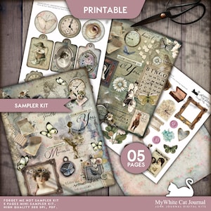 Junk Journal, Forget Me Not, Sampler Kit, Printable, Shabby, Neutral, Ephemera, Collage Sheets, Paper, Card, Scrapbook, Digital Download