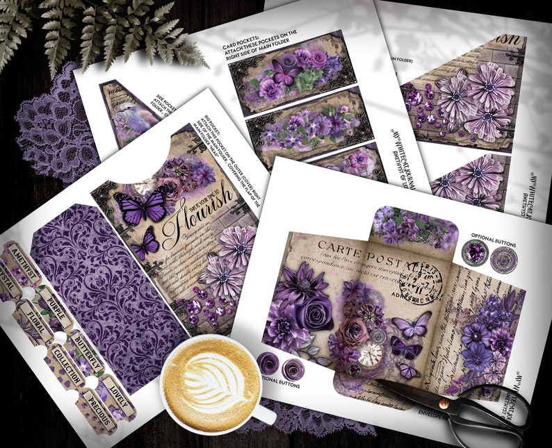 Junk Journal, Purple, Folio, Folding Folio, Trifold, Ephemera, Amethyst, Craft Kit, Printable, Collage Sheets, Scrapbook, Digital Download image 6