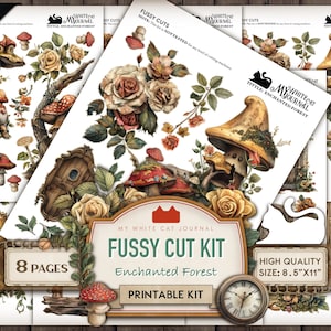 Könnte beinhalten: Druckbarer Fussy Cut Kit mit 88 Teilen zum Basteln. Das Kit zeigt ein verzaubertes Waldthema mit Pilzen, Blumen, einem Vogelhaus und einer Uhr. Das Kit ist 8,5 Zoll mal 11 Zoll groß und hat 300 DPI.