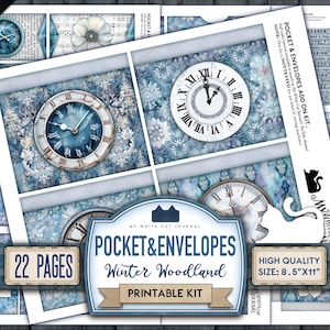 Winter Junk Journal Embellishment Kit, Winter Woodland, Printable Ephemera Cards, Pocket And Envelopes, Scrapbook, Digital Download
