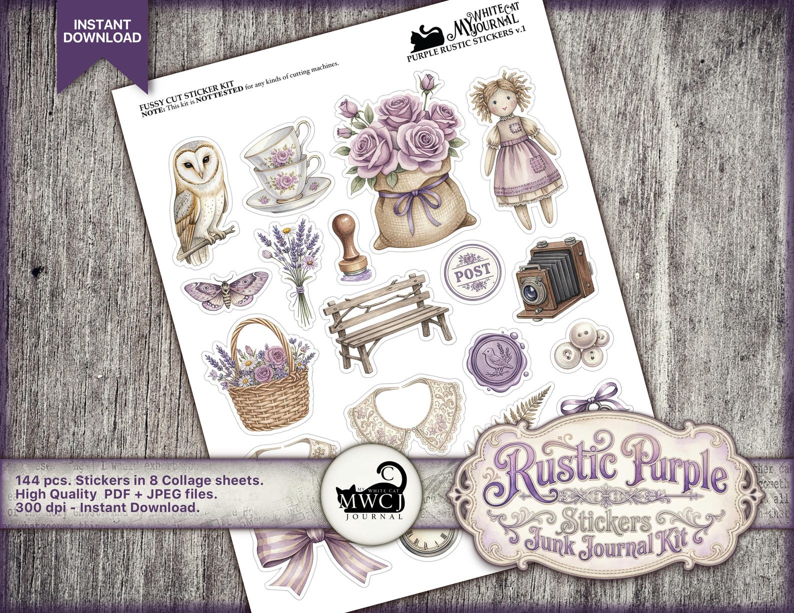 Purple Junk Journal Stickers | Printable Vintage Ephemera Kit | Collage ...
