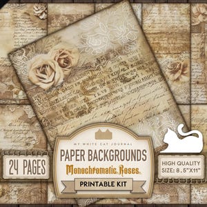 Junk Journal Papers, Monochromatic, Roses, Neutral Brown, Printable, Vintage Paper, Handwritten, Scrapbook, Digital Download