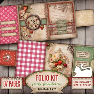 Folio Kit, Lovely Strawberry, Printable, Folding Folio, Junk Journal Kit, Ephemera, Craft Kit, Strawberry Folio, Scrapbook, Digital Download